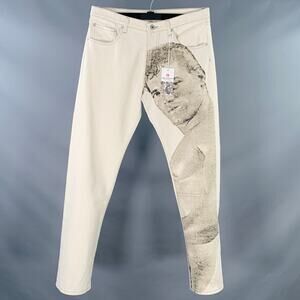 M Beige Brown Face Print Cotton 5 Pocket Jeans